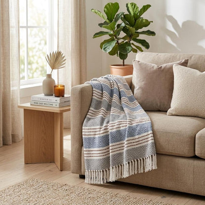 Gray and White Woven Cotton Striped Throw Blanket HomeRoots