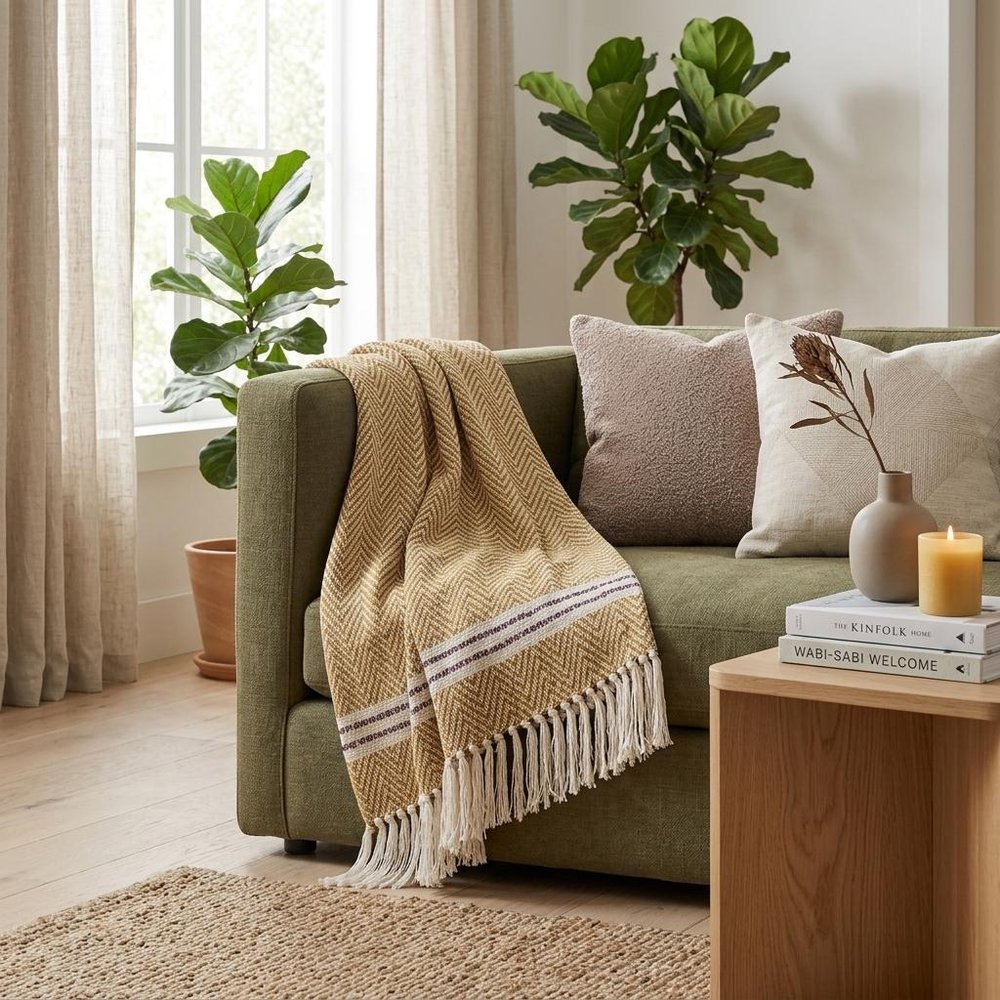 Mustard Woven Cotton Striped Throw Blanket — view 4