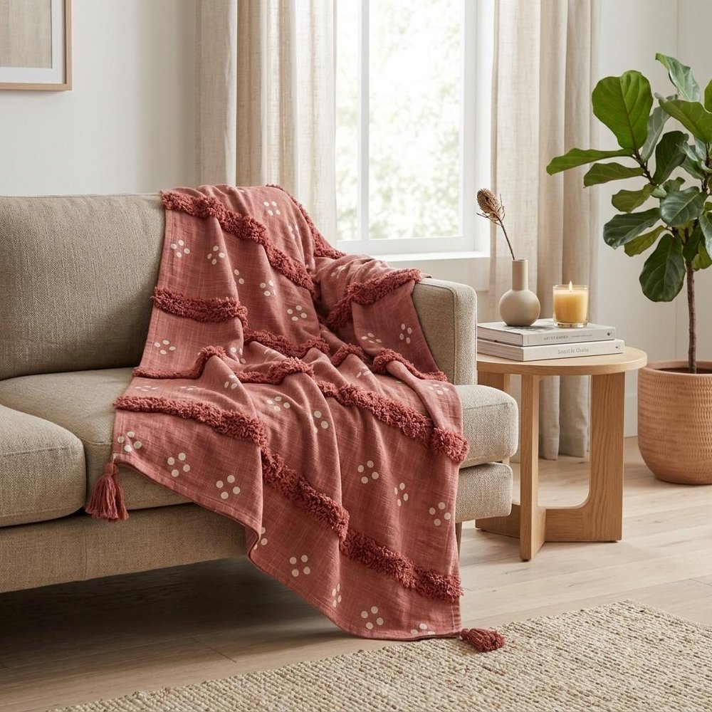 Pink Woven Cotton Striped Throw Blanket — view 7