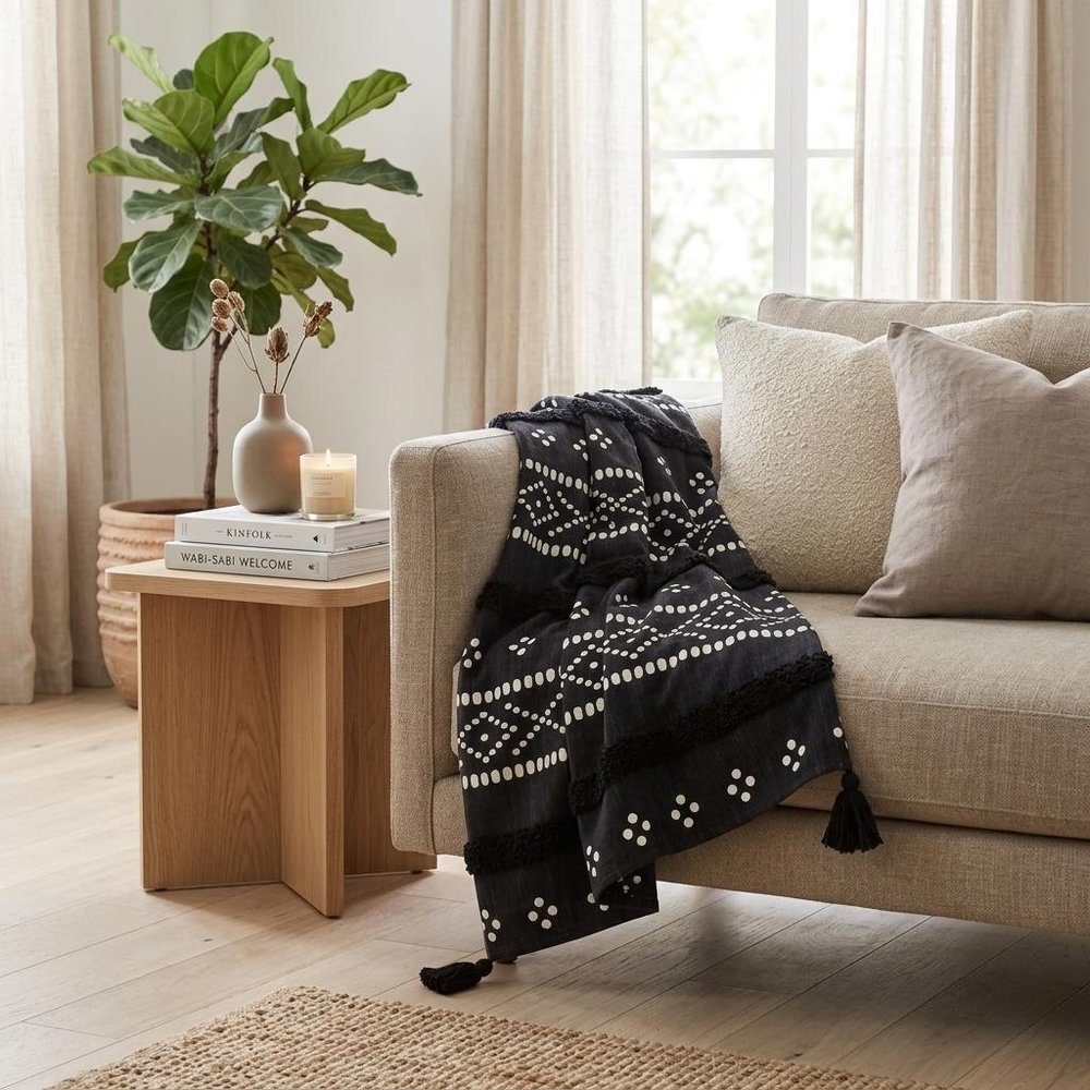 Blue and White Woven Cotton Striped Throw Blanket HomeRoots