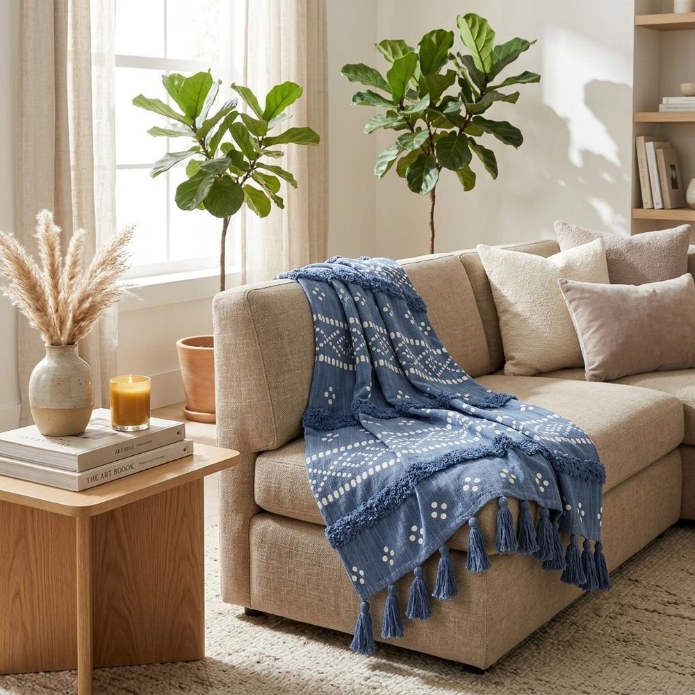 Blue Woven Cotton Striped Throw Blanket — view 7
