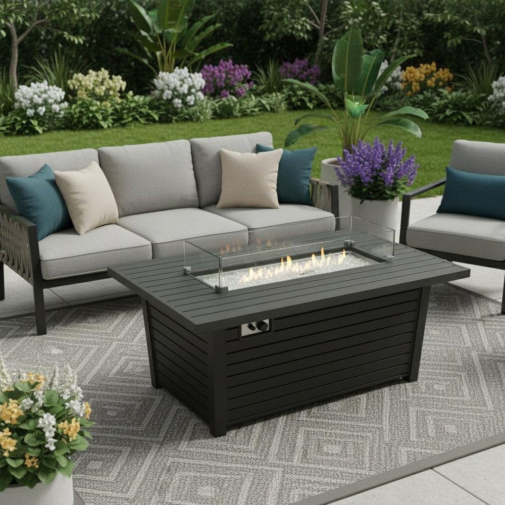 50000 BTU 54" Black And Clear Aluminum Propane Rectangular Fire Pit Table With Cover HomeRoots