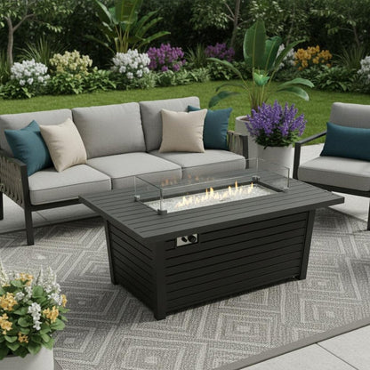 50000 BTU 54" Black And Clear Aluminum Propane Rectangular Fire Pit Table With Cover HomeRoots