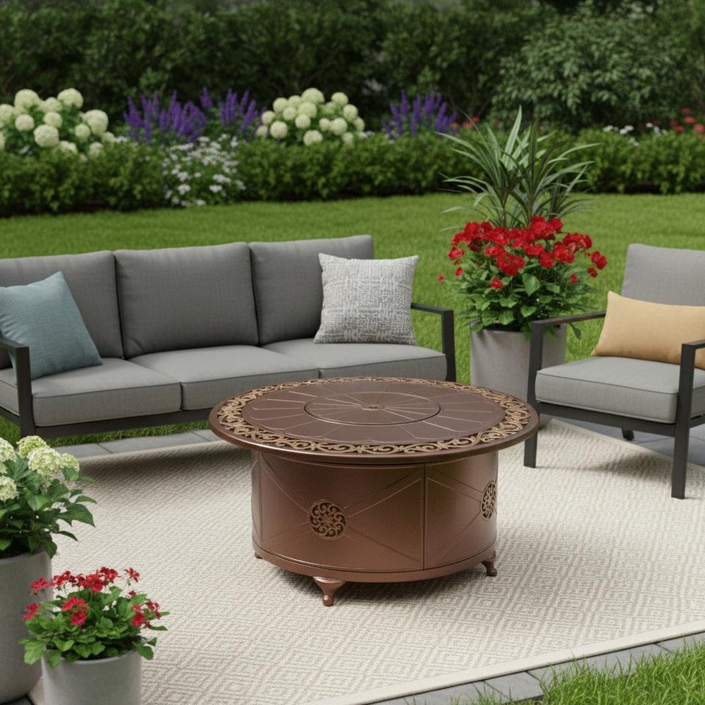 42000 BTU 48" Bronze Aluminum Propane Round Fire Pit Table With Cover HomeRoots