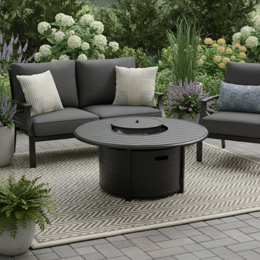 42000 BTU 48" Black Aluminum Propane Round Fire Pit Table With Cover HomeRoots