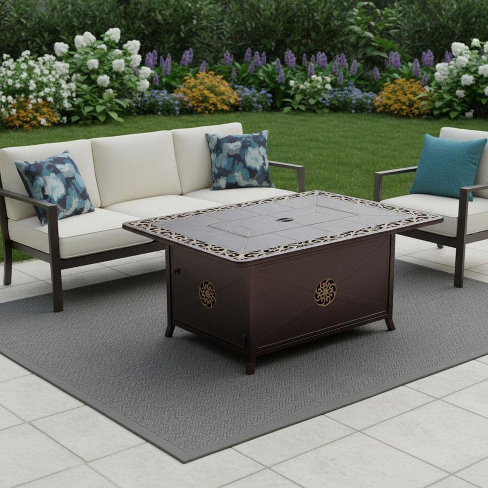 42000 BTU 35" Bronze Aluminum Propane Rectangular Fire Pit Table With Cover HomeRoots