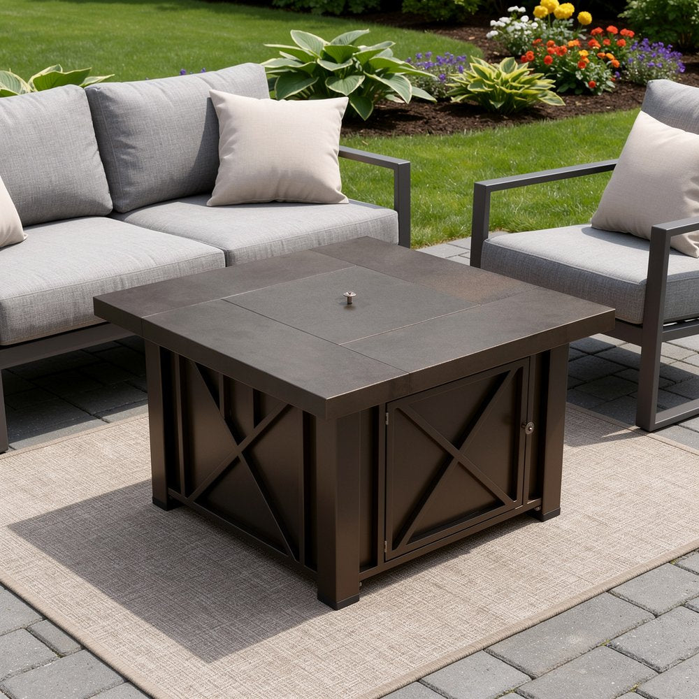 40000 BTU 38" Antiqued Bronze Steel Propane Square Fire pit table With Cover HomeRoots