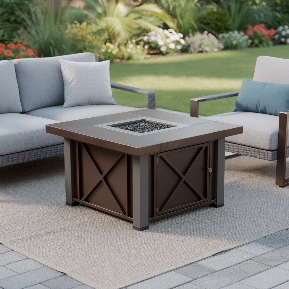 40000 BTU 38" Antiqued Bronze And Silver Steel Propane Square Fire Pit Table With Cover HomeRoots
