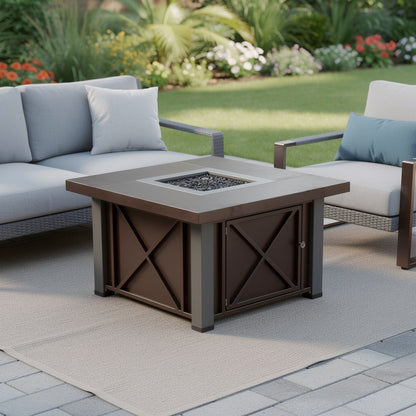 40000 BTU 38" Antiqued Bronze And Silver Steel Propane Square Fire Pit Table With Cover HomeRoots