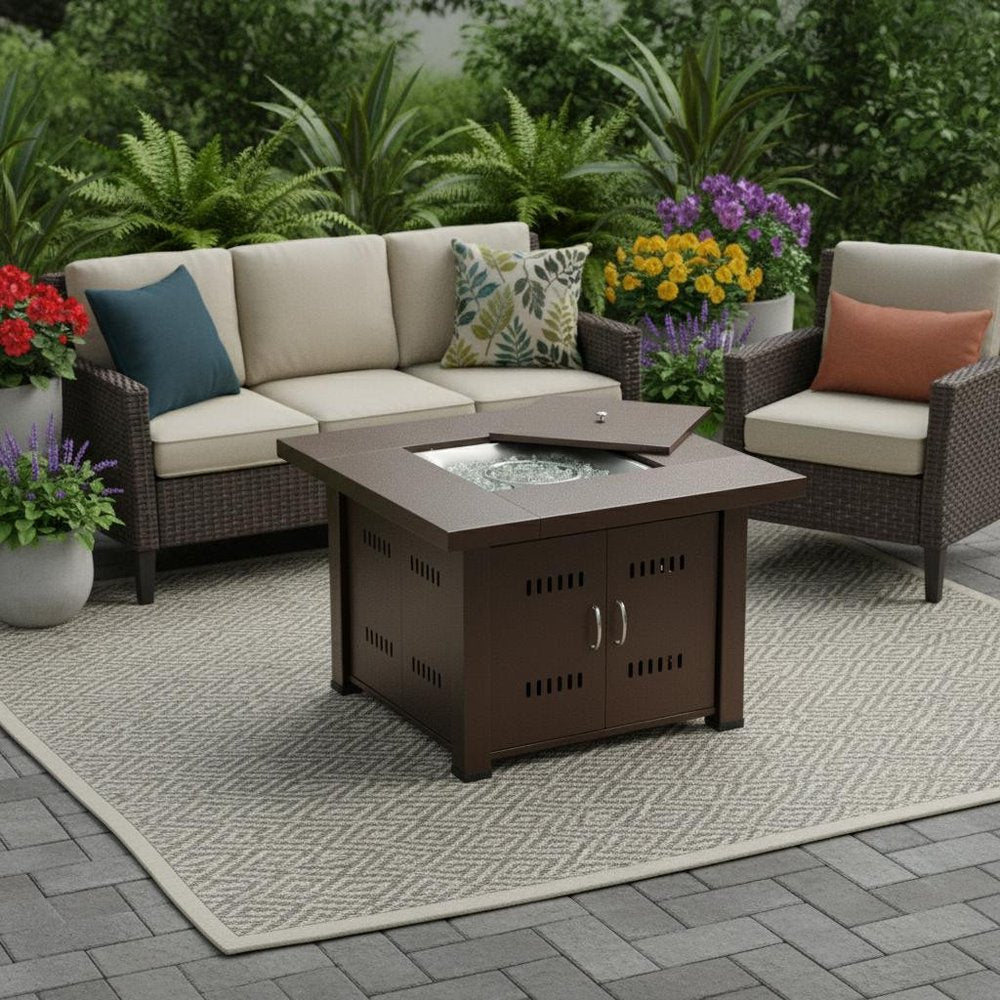 40000 BTU 38" Antiqued Bronze Steel Propane Square Fire pit table With Cover HomeRoots
