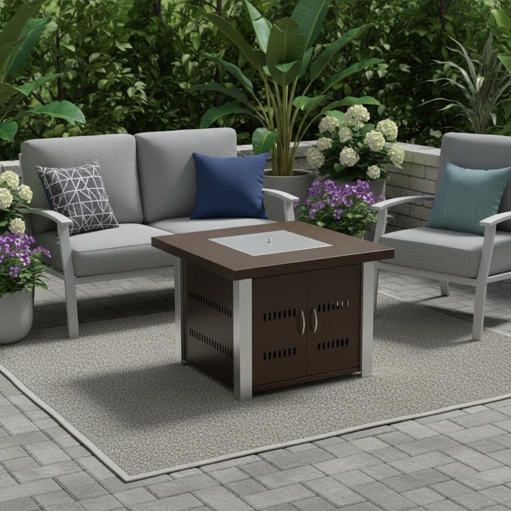 40000 BTU 38" Antiqued Bronze And Silver Steel Propane Square Fire pit table With Cover HomeRoots