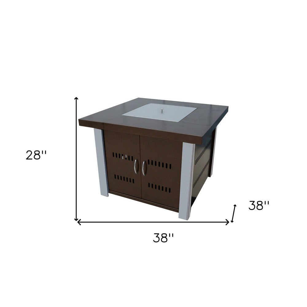 40000 BTU 38" Antiqued Bronze And Silver Steel Propane Square Fire Pit Table With Cover HomeRoots