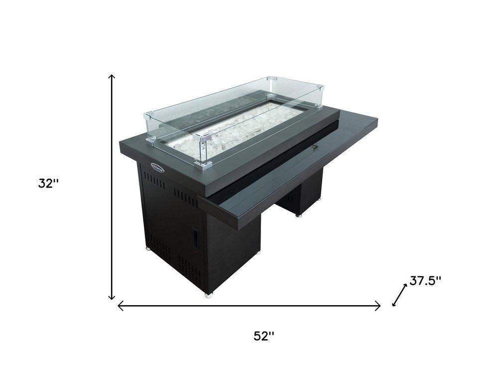 50000 BTU 52" Black And Clear Glass And Steel Propane Rectangular Fire Pit Table With Cover HomeRoots