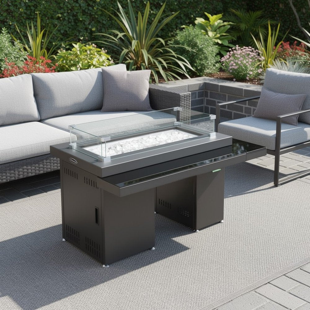 50000 BTU 52" Black And Clear Glass And Steel Propane Rectangular Fire Pit Table With Cover HomeRoots