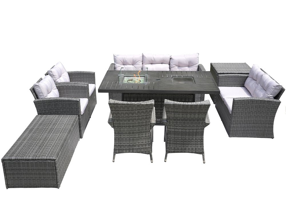 Nine Piece Gray Wicker Multiple Chairs Seating Group With Fire Pit And Table HomeRoots