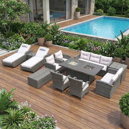 Twelve Piece Gray Wicker Multiple Chairs Seating Group With Fire Pit And Table HomeRoots