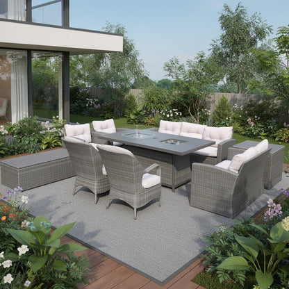 Ten Piece Gray Wicker Multiple Chairs Seating Group With Fire Pit And Table HomeRoots
