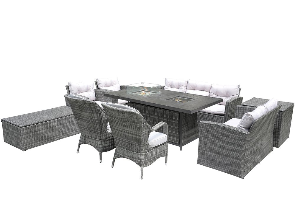 Ten Piece Gray Wicker Multiple Chairs Seating Group With Fire Pit And Table — view 2