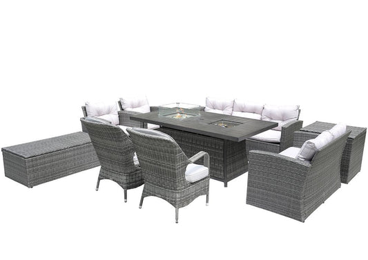 Ten Piece Gray Wicker Multiple Chairs Seating Group With Fire Pit And Table