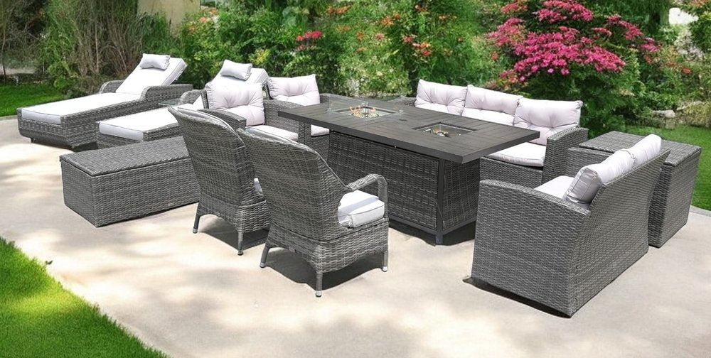 Twelve Piece Outdoor Gray Wicker Multiple Chairs Seating Group Fire Pit Included with White Cushions HomeRoots