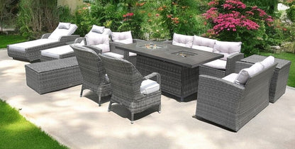 Twelve Piece Outdoor Gray Wicker Multiple Chairs Seating Group Fire Pit Included with White Cushions HomeRoots