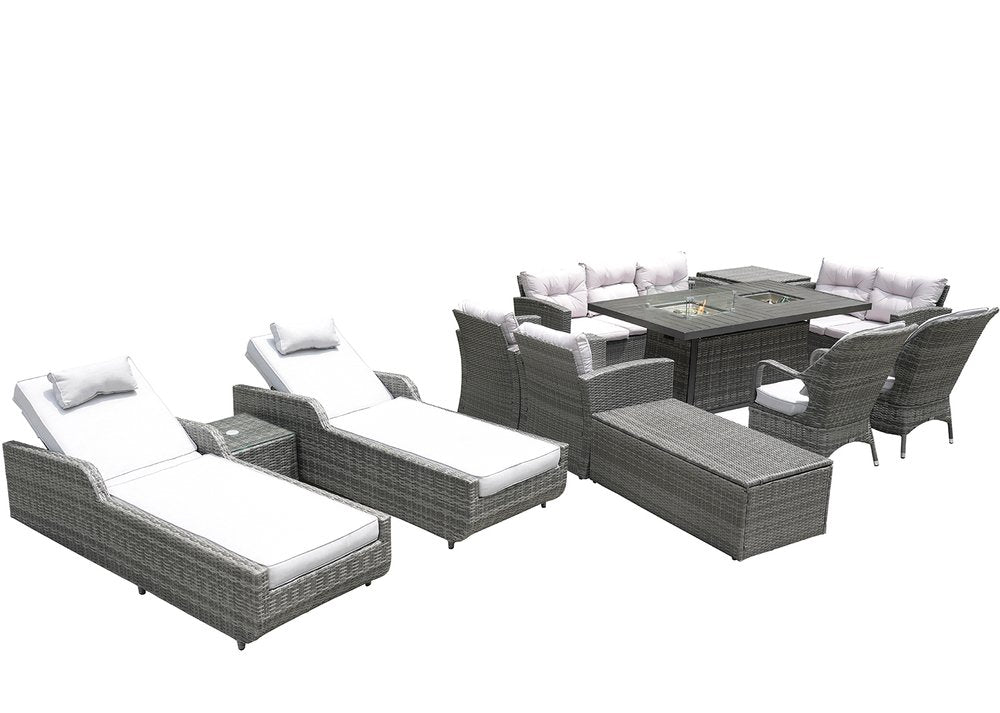 Twelve Piece Outdoor Gray Wicker Multiple Chairs Seating Group Fire Pit Included with White Cushions HomeRoots
