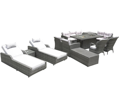 Twelve Piece Outdoor Gray Wicker Multiple Chairs Seating Group Fire Pit Included with White Cushions HomeRoots
