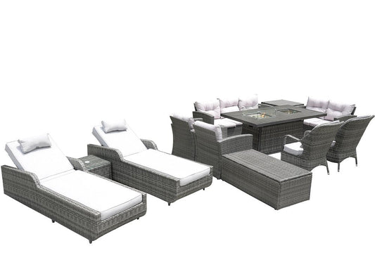 Twelve Piece Outdoor Gray Wicker Multiple Chairs Seating Group Fire Pit Included with White Cushions HomeRoots