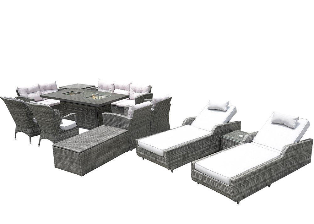 Twelve Piece Outdoor Gray Wicker Multiple Chairs Seating Group Fire Pit Included with White Cushions HomeRoots