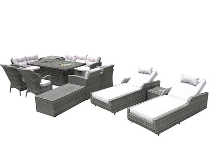 Twelve Piece Outdoor Gray Wicker Multiple Chairs Seating Group Fire Pit Included with White Cushions HomeRoots
