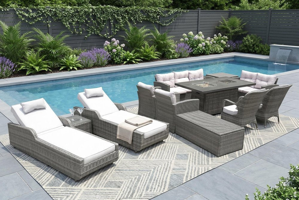 Twelve Piece Outdoor Gray Wicker Multiple Chairs Seating Group Fire Pit Included with White Cushions HomeRoots