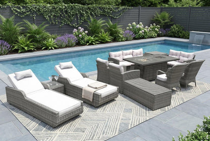 Twelve Piece Outdoor Gray Wicker Multiple Chairs Seating Group Fire Pit Included with White Cushions HomeRoots