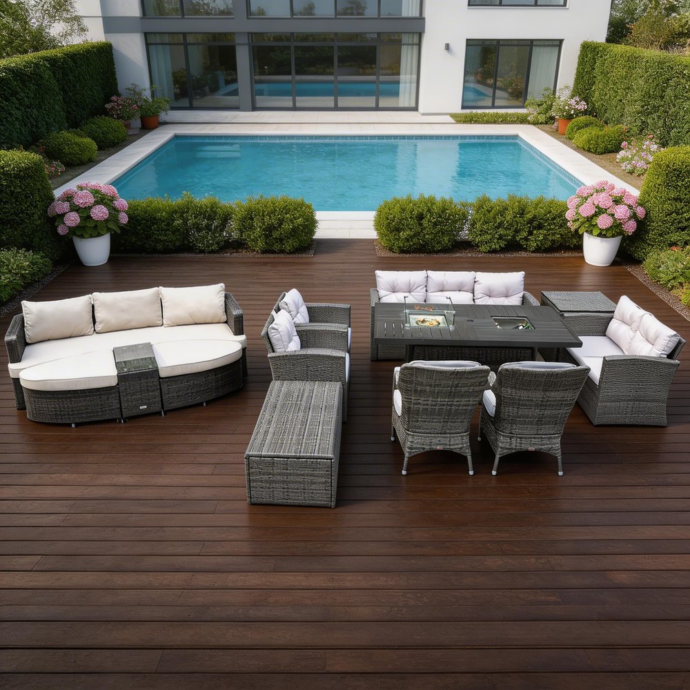 Eleven Piece Gray Wicker Multiple Chairs Seating Group With Fire Pit And Table HomeRoots