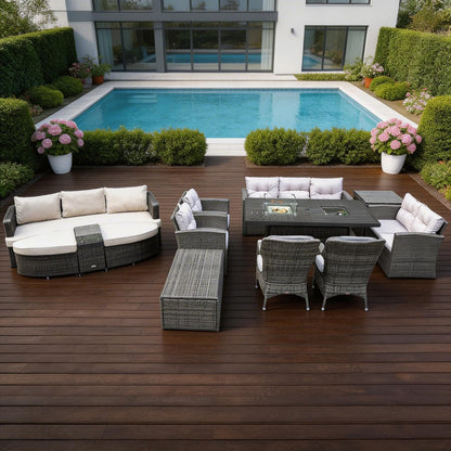 Eleven Piece Gray Wicker Multiple Chairs Seating Group With Fire Pit And Table HomeRoots
