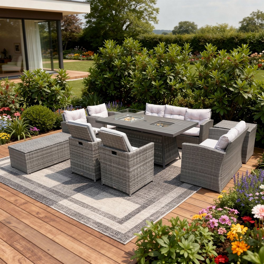 Nine Piece Gray Wicker Multiple Chairs Seating Group With Fire Pit And Table — view 1
