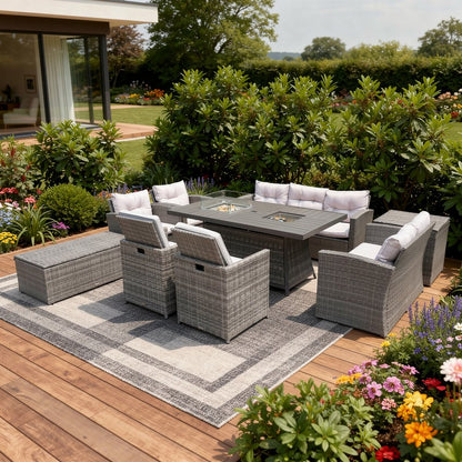 Nine Piece Gray Wicker Multiple Chairs Seating Group With Fire Pit And Table HomeRoots