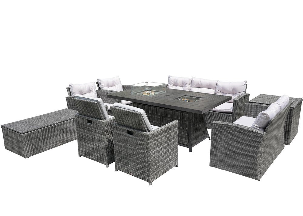 Nine Piece Gray Wicker Multiple Chairs Seating Group With Fire Pit And Table HomeRoots
