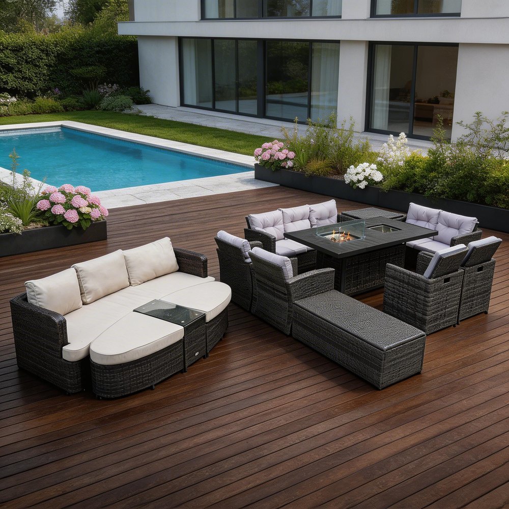 Ten Piece Gray Wicker Multiple Chairs Seating Group With Fire Pit And Table — view 1