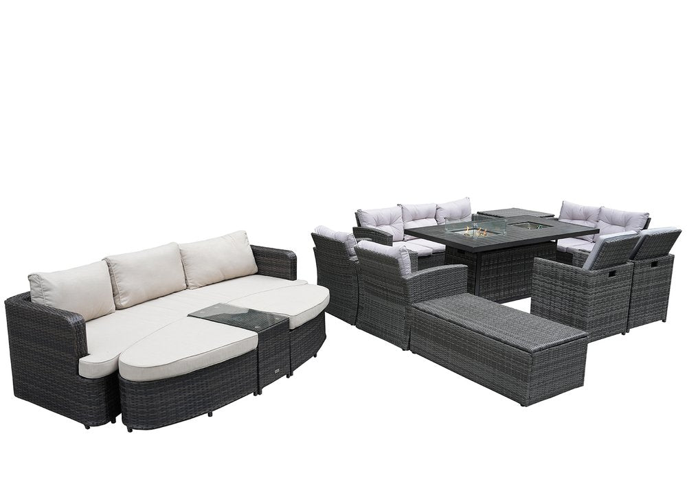 Ten Piece Gray Wicker Multiple Chairs Seating Group With Fire Pit And Table — view 2