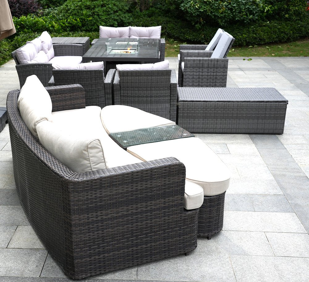 Ten Piece Gray Wicker Multiple Chairs Seating Group With Fire Pit And Table — view 3
