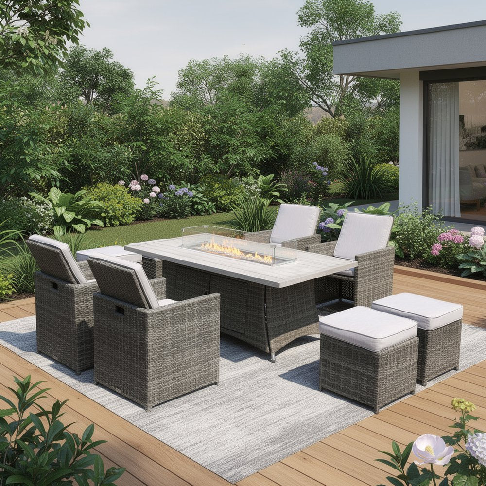 Nine Piece Gray Wicker Multiple Chairs Seating Group With Fire Pit And Table — view 1
