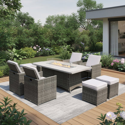 Nine Piece Gray Wicker Multiple Chairs Seating Group With Fire Pit And Table HomeRoots