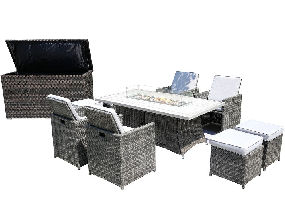 Ten Piece Outdoor Gray Wicker Multiple Chairs Seating Group Fire Pit Included with White Cushions HomeRoots