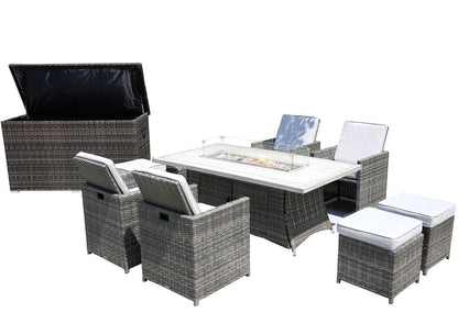 Ten Piece Outdoor Gray Wicker Multiple Chairs Seating Group Fire Pit Included with White Cushions HomeRoots