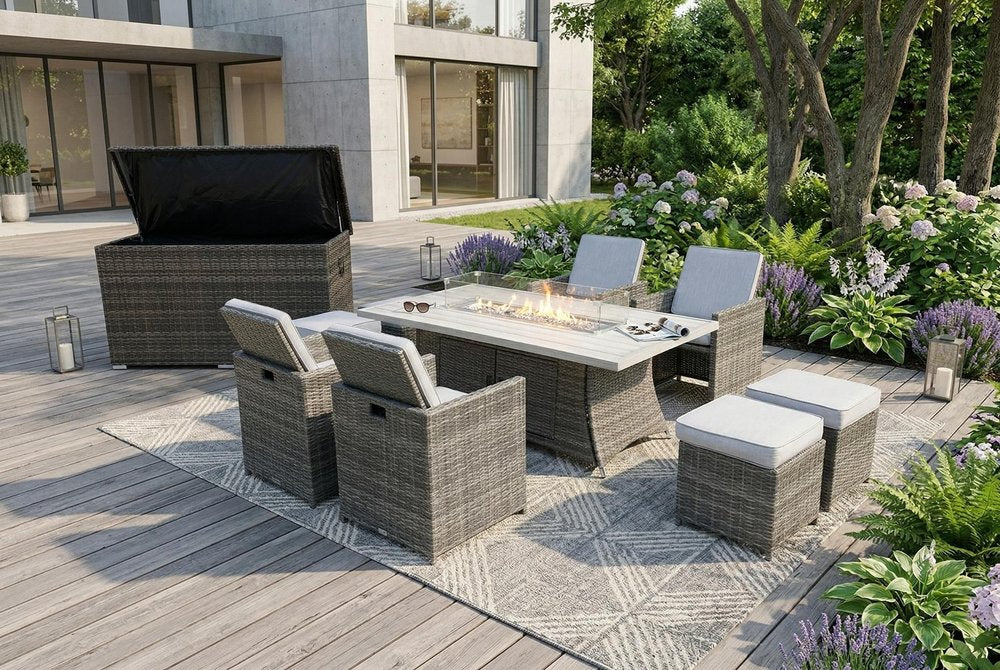 Ten Piece Outdoor Gray Wicker Multiple Chairs Seating Group Fire Pit Included with White Cushions HomeRoots