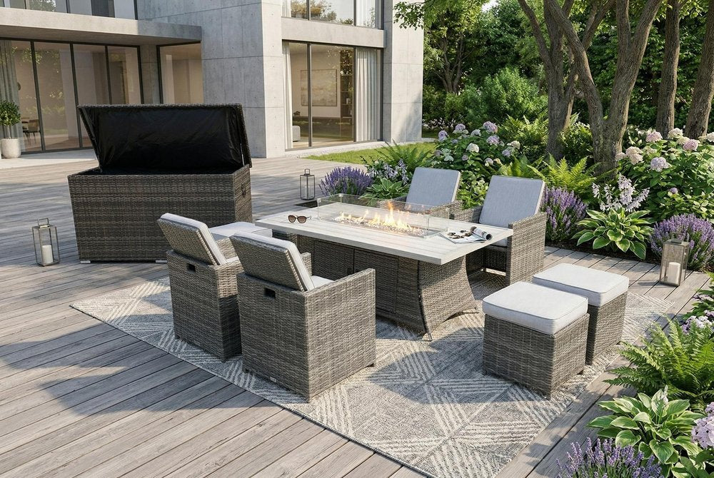 Ten Piece Outdoor Gray Wicker Multiple Chairs Seating Group Fire Pit Included with White Cushions HomeRoots