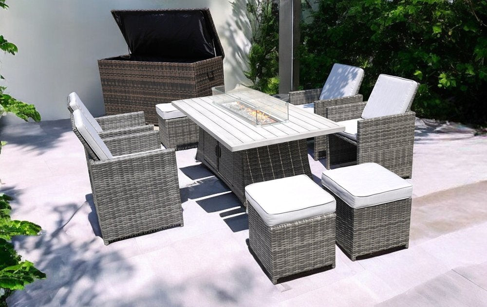 Ten Piece Outdoor Gray Wicker Multiple Chairs Seating Group Fire Pit Included with White Cushions HomeRoots