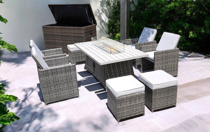 Ten Piece Outdoor Gray Wicker Multiple Chairs Seating Group Fire Pit Included with White Cushions HomeRoots
