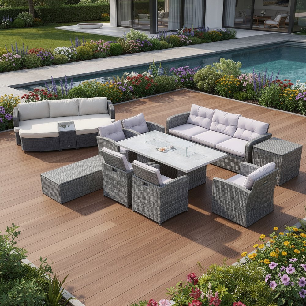 Eleven Piece Gray Wicker Multiple Chairs Seating Group With Fire Pit And Table — view 1