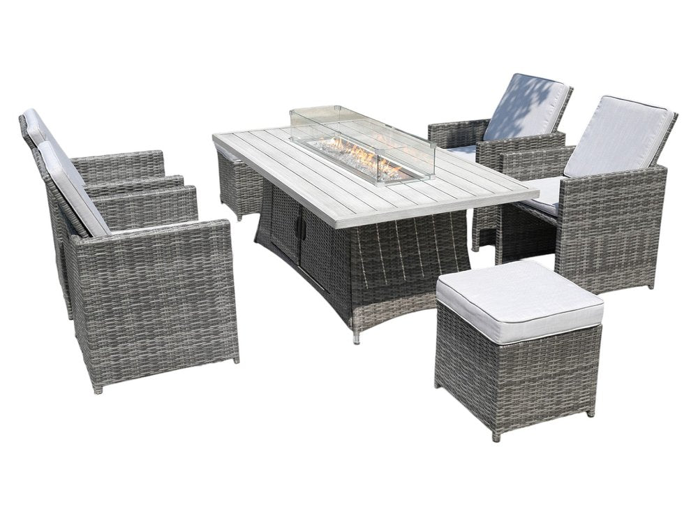 Seven Piece Gray Wicker Multiple Chairs Seating Group With Fire Pit And Table — view 2